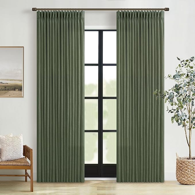 Olive Green Linen Pinch Pleated Curtains 108 Inches Long 2 Panels for Living Room Bedroom Light Filtering Linen Drapes 108 Inch Length Loden Semi Sheer Memory Shape Trained Ceiling Floor Curtain 9Ft