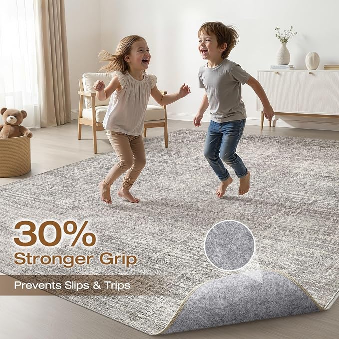 5x7 Area Rugs Living Room: Washable Large Neutral Rug Abstract Soft Modern Stain Resistant Indoor Floor Non-Slip Carpet for Bedroom Nursery Kids Office Playroom Dining Room Under Table- Brown Gray