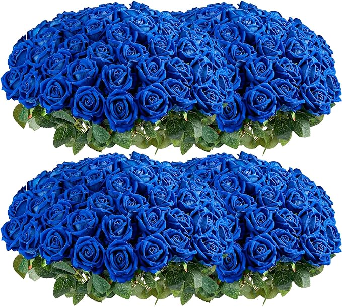 Auihiay 104PCS Blue Roses, Realistic Silk Velvet Blue Artificial Flowers, Lifelike Faux Roses for Bridal Bouquet, Home Decor, Valentine's Day, Wedding Centerpieces, Nautical Party