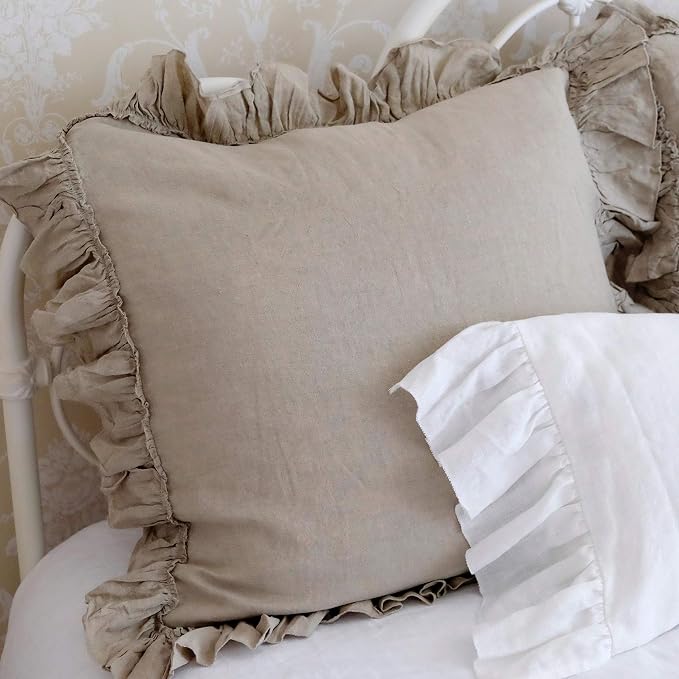 Ruffled Linen Euro Sham 26" x 26" (Natural) Farmhouse Decor, Super Soft