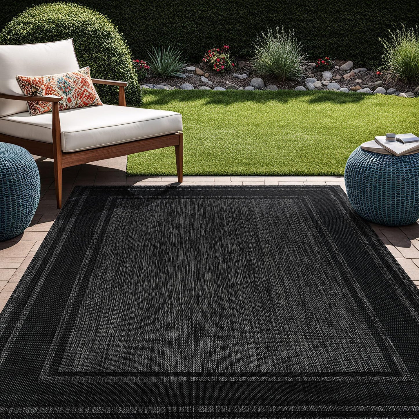 Beverly Rug Outdoor Rug 8x10 Modern Bordered Area Rugs for Indoor and Outdoor Patio Deck Porch Garden Waterproof Weather Sun Resistant Washable Outside Carpet (8 x 10 Black)