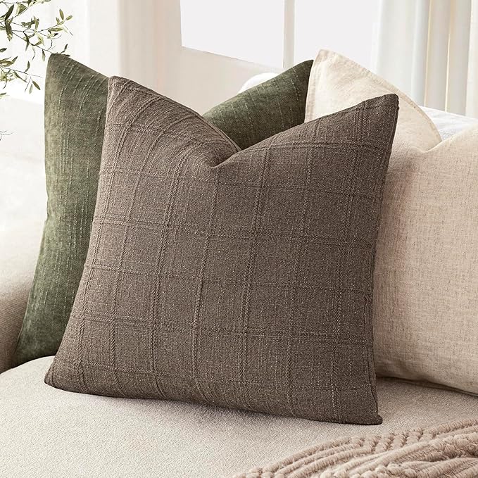 Foindtower Set of 2 Decorative Linen Check Throw Pillow Covers Neutral Farmhouse Vintage Cushion Covers Modern Boho Home Decor for Sofa Chair Couch Bedroom Living Room,18×18 Inch,Taupe Grey
