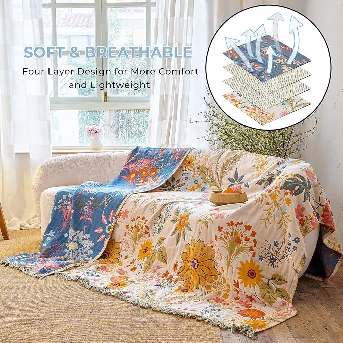 Boho Throw Blanket for Home Decor,Ultra Soft Summer Rustic Classic Quilt,100% Cotton Muslin Blankets for Adults, Reversible Woven Decorative Blanket for Bed Layering Use, Colorful Floral, 60"x80"