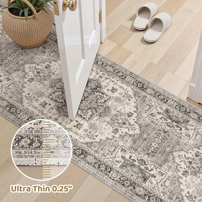 Area Rug for Living Room - 3x8 Soft Machine Washable Oriental Vintage Floral Distressed Large Indoor Floor Carpet for Bedroom Under Dining Table Home Office Decor - Brown