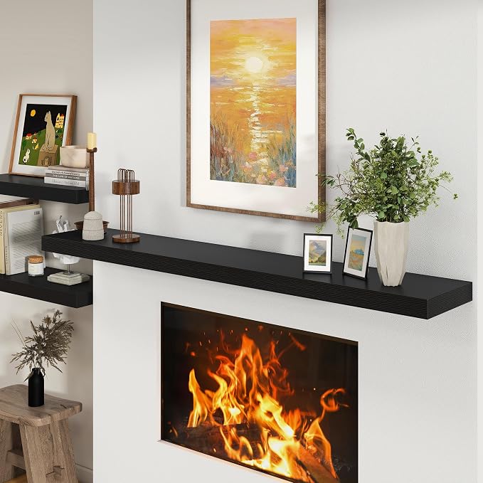 FLYJOE Deep Floating Shelves, 72 Inch Black Shelves Set of 1 | 12 Inch Deep Shelves for Wall, 72'' x 12'' Rustic Black Wood Shelves for Bathroom Living Room Laundry Room Kitchen