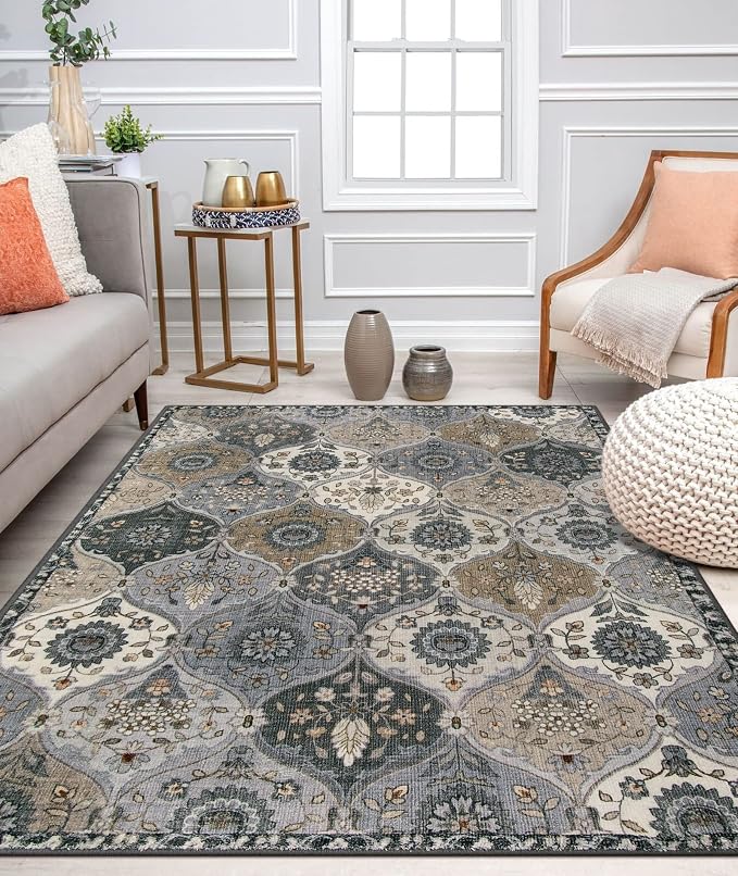 Lahome Moroccan Machine Washable Area Rugs, 4x6 Rug for Living Room Bedroom, Soft Non-Slip Rug Vintage Trellis Ultra-Thin Throw Carpet for Dining Room Office Elise, Grey