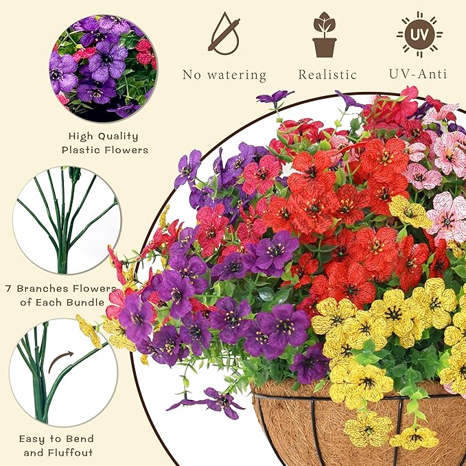 Senjie 12 Bundles Artificial Flowers Bulk for Outdoor Decor, UV Resistant Fake Plastic Flowers, Faux Flowers for Porch Patio Window Boxwood Garden