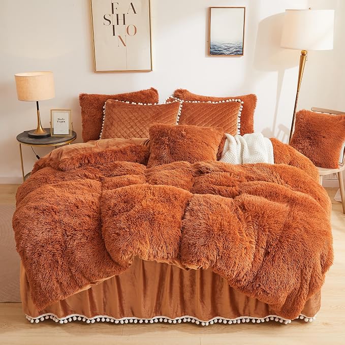 LIFEREVO Terracotta Plush Shaggy Duvet Cover Set, Soft Velvet Fluffy Bedding Set Furry Comforter Quilt Cover(1 Faux Fur Duvet Cover + 2 Pompoms Pillow Cases), Zipper Closure(Queen, Burnt Orange)