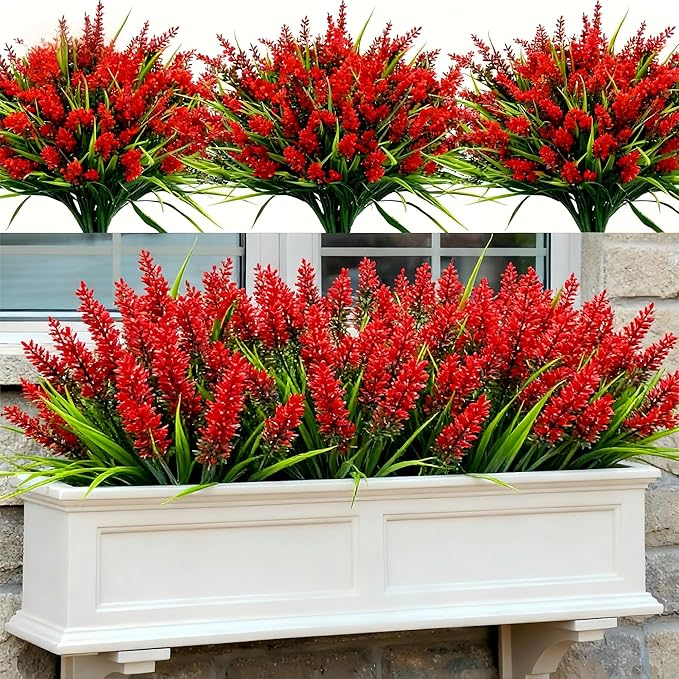 Geegoods Artificial Plants Flowers Outdoor – 24 Bundles UV Resistant Faux Lavender Flowers with Monkey Grass for Garden Porch Window Patio Hanging Planter Decor