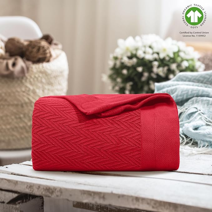THREAD SPREAD Organic GOTS Cotton Blanket, King/Cal King - 350GSM, Oversized Antistatic, Fuzzy Soft, Sofa, Camping & Travel, Luxurious Herringbone All-Season Throw, Red + Free Chic Tote Bag