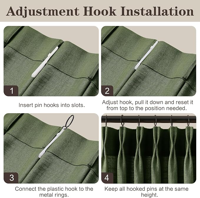 Olive Green Christmas Curtains for Living Room Pinch Pleated Linen Curtain 84 Inches Long, Light Filtering Pleat Drapes Thick Moss Loden Semi-Sheer Curtain with Hooks for Bedroom Dining Room 2 Panels