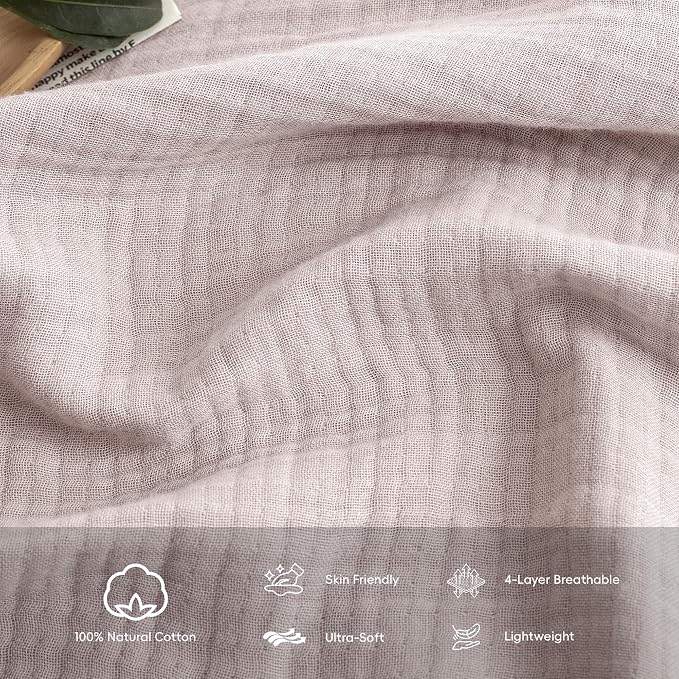 FOSSA Muslin Blanket 4-Layer 100% Cotton Gauze Blanket with Fringe 104"x90" | Super Soft Breathable Lightweight All Season & Decorative Blanket or Bed, Sofa, Office (Greyish Pink, King )