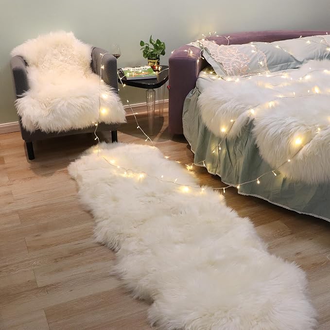 Woolous Genuine New Zealand Sheepskin Double Pelt Rug - Handmade Sheep Skin Runner Rug, Soft Thick Natural Bedside Area Rug for Bedroom and Living Room Decor, 2x6 ft | Real sheep skin runner rug, handmade soft thick natural double pelt sheepskin rug fo...