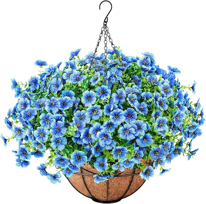 Ouddy Decor Artificial Hanging Flowers with Basket, Fake Hanging Plants with Faux Silk Flowers UV Resistant for Outdoors Indoors Spring Summer Porch Patio Balcony Yard Home Decorations, Blue