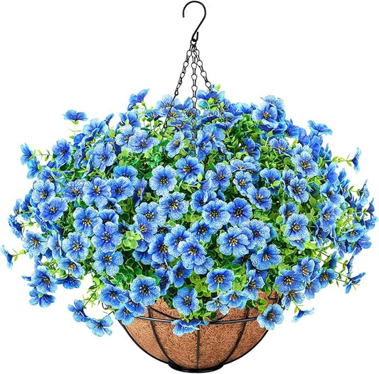 Ouddy Decor Artificial Hanging Flowers with Basket, Fake Hanging Plants with Faux Silk Flowers UV Resistant for Outdoors Indoors Spring Summer Porch Patio Balcony Yard Home Decorations, Blue