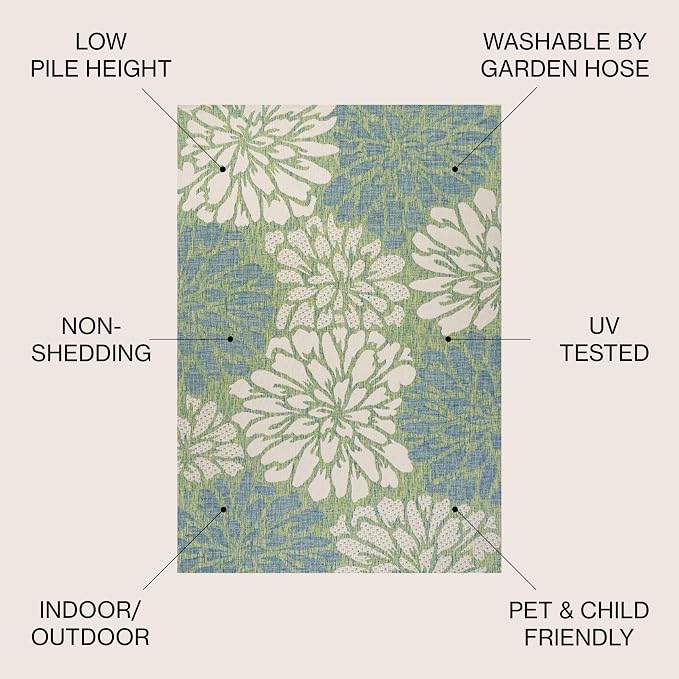 JONATHAN Y Floral Textured Weave Indoor Outdoor Square Area Rug 5X5 Cream/Green, Zinnia Modern for Backyard, Patio, Porch, Easy-Cleaning, High Traffic, Pet-Friendly, Non-Shedding (SMB110D-5SQ)