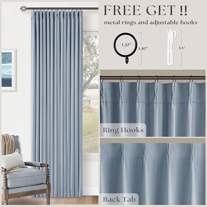 Blue Pinch Pleated Blackout Bedroom Curtains 108 Inches Long for Kids Baby 100% Black Out Thick Linen Dual Layer Pleated Drapes Coastal Light Dusty Blue 108 Inch Curtain for Dining Living Room