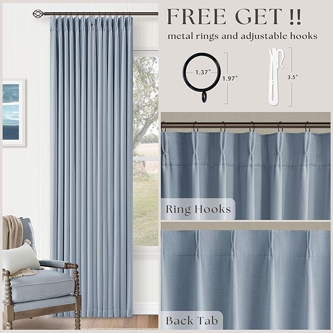 Blue Linen Blackout Pleated 86 Inch Curtains for Living Room Darkening Pinch Pleat 100% Black Out Drapes Thermal Insulated Soundproof Modern Coastal Light Dusty Blue 86 Inch Curtain for Baby Bedroom