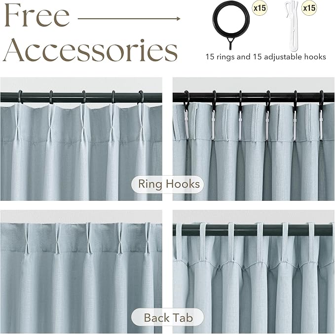 Greyish Blue Pinch Pleated Linen Curtains 72 Inch Length 2 Panels for Living Room Bedroom Textured Semi Sheer Drapes Pinch Pleat Rings Window Curtain 40x72