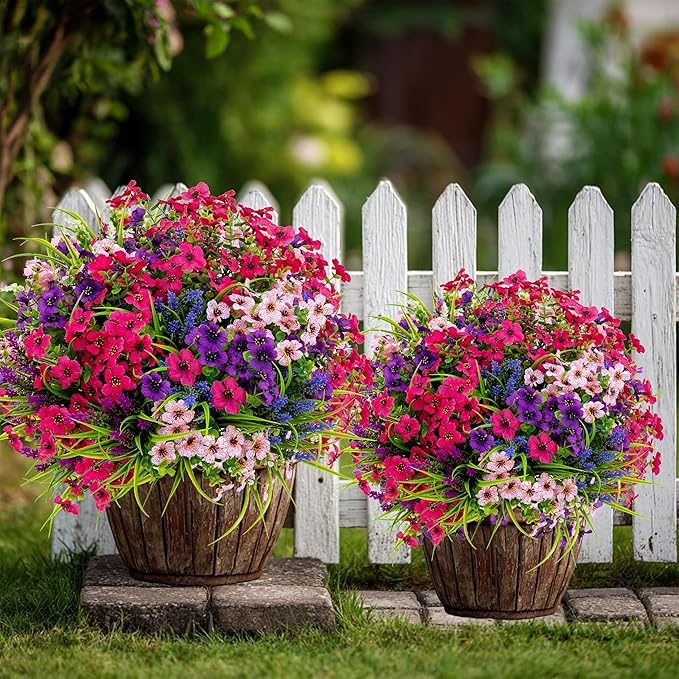 AXYLEX Artificial Flowers Outdoor Shrubs - 16 Bundles Fake Plants UV Resistant No Fade Faux Plastic Greenery Home Garden Porch Patio Decoration Office Indoor (1, Multi-16pcs)