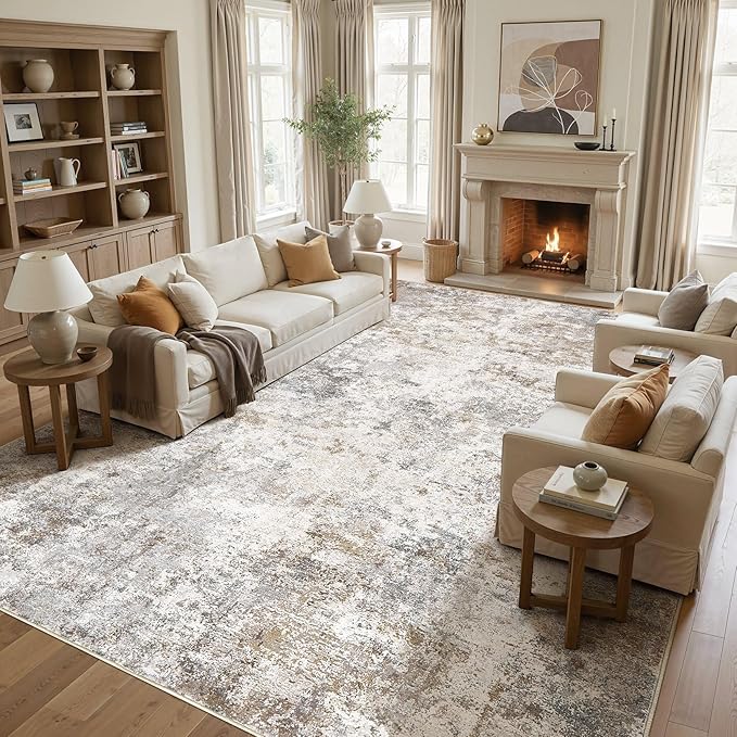 UERMEI 12x14 Area Rug Living Room Rugs - Washable Neutral Modern Abstract Soft Thin Large Rug Indoor Floor No Slip Rug Carpet for Bedroom Under Dining Table Home Office Decor - Brown Grey