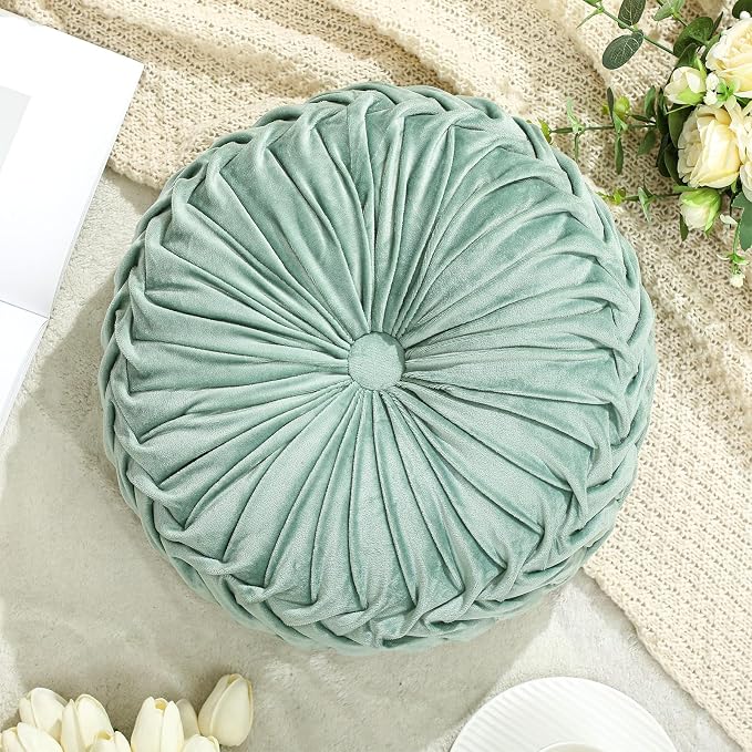 Drydiet 1 Pcs Round Throw Velvet Pillows Decorative Pleated Throw Pillows Diameter Accent Pumpkin Boho Chair Cushion for Couch Sofa Home Decoration (Sage Green,15'')