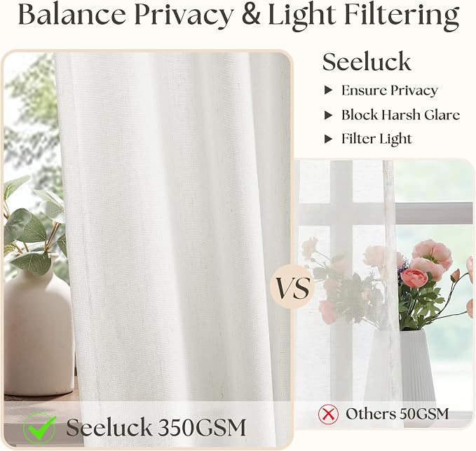 Ivory Beige Semi Sheer Linen Pinch Pleated Curtains 84 Inch Long | Natural Neutral, Light Filtering Privacy, Living Room Bedroom, Flax Linen Textured, Memory Shape Pinch-Pleat, Boho Modern