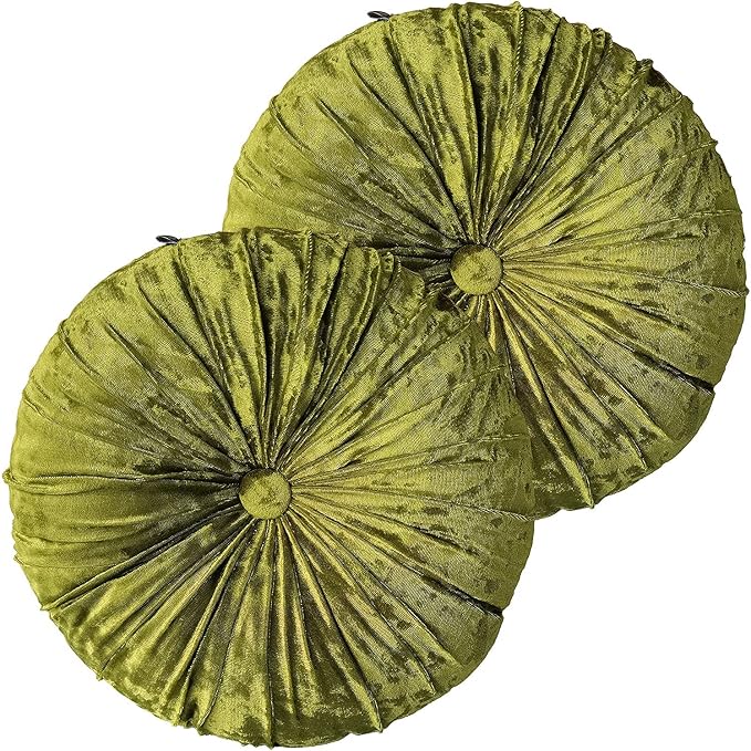 Verpert Pack 2：Round Floor Cushions Pillow, Solid Color Velvet Meditation Cushion Pumpkin Pleated Meditation Pillow for Home Sofa Bed Car Decor Floor Pillow Cushion Green