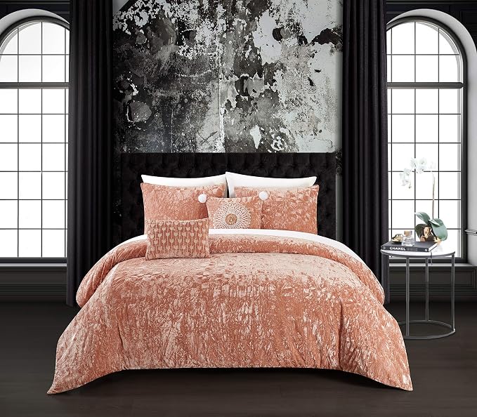 Chic Home Alianna 5 Piece Comforter Set Crinkle Crushed Velvet Bedding - Decorative Pillow Shams Included, King, Blush