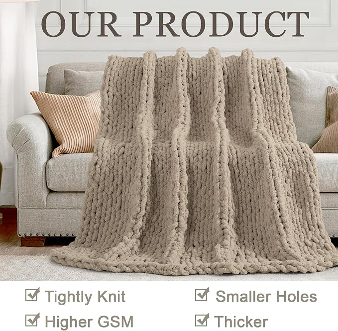 Chunky Knit Throw Blanket 60x80, 100% Handmade Chenille Yarn | 6.7lbs Soft Thick Cable Knitted Blankets, Large Rope Knot Crochet Throws for Couch Sofa Bed Machine Washable, Taupe