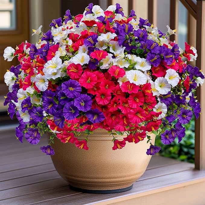 AXYLEX Artificial Flowers Outdoor Morning Glory - 16 Bundles Fake Plants UV Resistant No Fade Faux Plastic Greenery Home Garden Patio Decoration Indoor (1, Multi16-1)