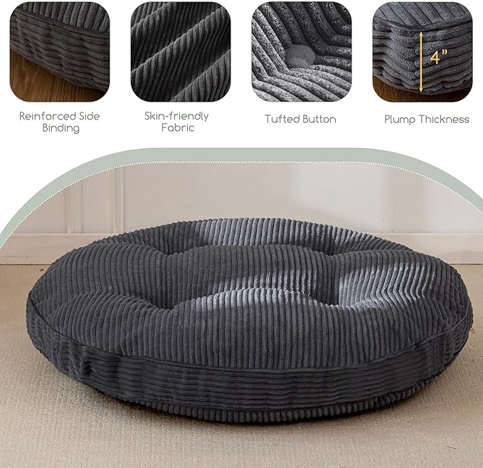 HIGOGOGO 35" Floor Pillow Cushion for Adults, Meditation Cushion Pillow, Extra Large Square Floor Sitting, Tufted Corduroy Cover for Tatami Living Room or Yoga, Dark Grey