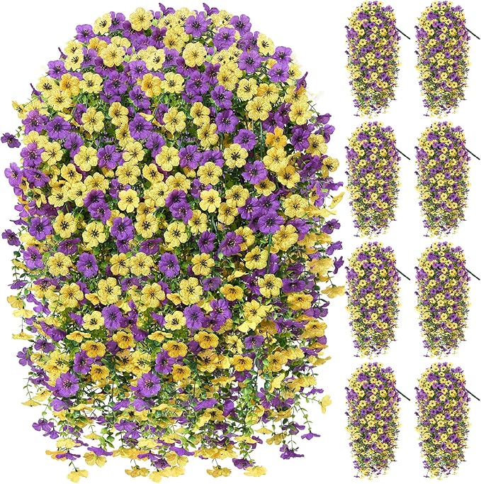 Artificial Hanging Flowers for Outdoors Spring Summer Decoration, 8PCS UV Resistant Silk Fake Hanging Plants for Patio Porch Front Yard Window Garden Indoor Decor(Purple&Yellow,8PCS)