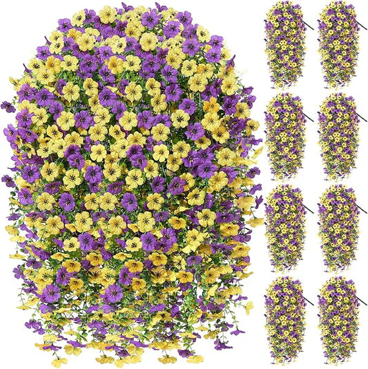 Artificial Hanging Flowers for Outdoors Spring Summer Decoration, 8PCS UV Resistant Silk Fake Hanging Plants for Patio Porch Front Yard Window Garden Indoor Decor(Purple&Yellow,8PCS)