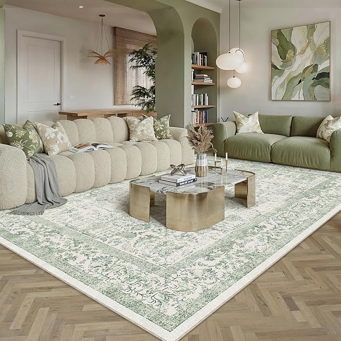 PureCozy Sage Green Area Rug 9x12 Living Room Washable Carpet Vintage Distressed Non Slip Bedroom Carpet Neutral Low Pile Retro Floral Farmhouse Large Rug Home Office Dining Room Playroom