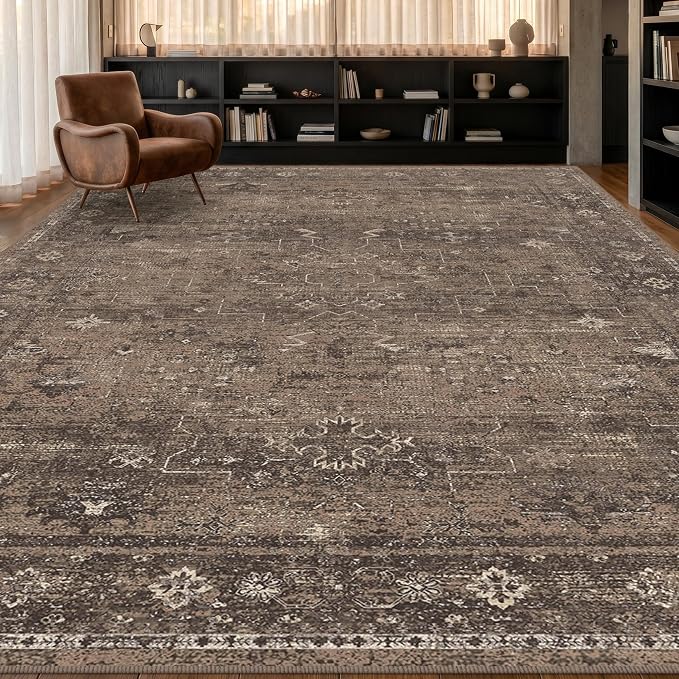 Farmhouse Brown Washable 9x12 Area Rug for Living Room, Dark Neutral Vintage Distressed Extra Large Rug for Bedroom Dining Room, Non-Slip Low Pile Carpet for Home Office Décor
