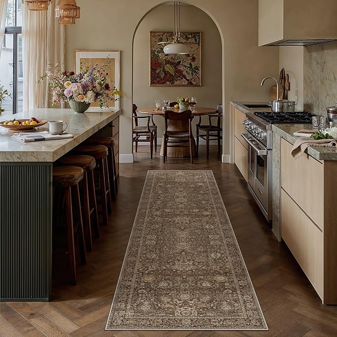 HUGEAR Hallway Runner Rugs 2x8 Brown Washable Rug Neutral Vintage Rug Carpet Distressed Soft Durable Non Slip No Shedding for Indoor Bedroom Kitchen Dining Nursery Laundry