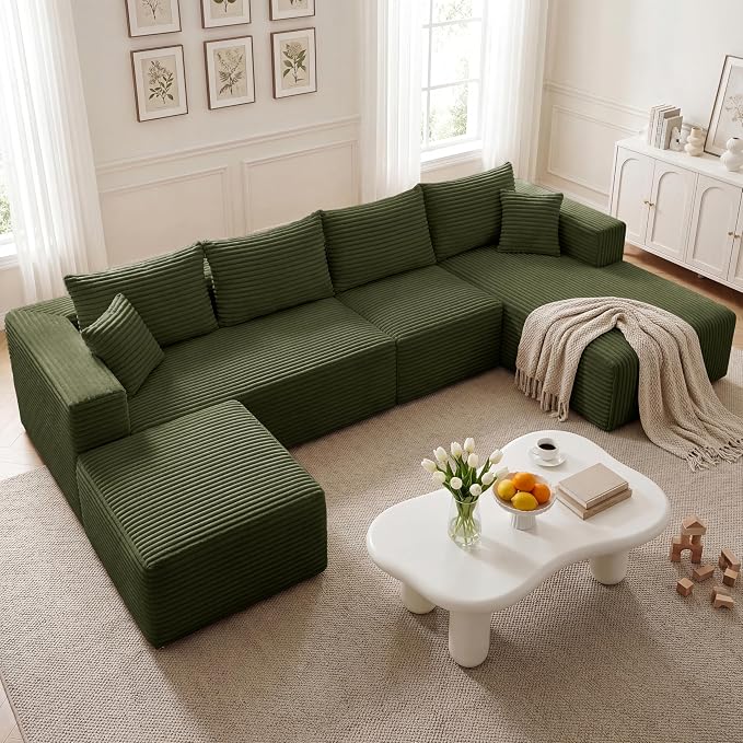 27.56'' Plush Fluffy Corduroy Poofy Ottoman in a Box for Boneless Sofa Couch, Modern Compressed Foot Rest, Small Comfy Rectangle Boneless Pouf Footstool Ottoman for Living Room, Bedroom, Olive Green