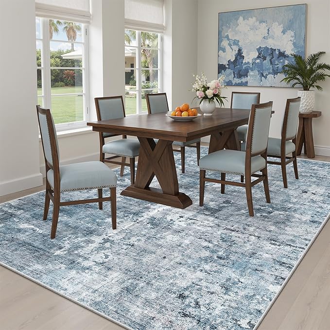 Soalmost 7x9 Area Rug for Living Room Washable Abstract Vintage Soft Thin Indoor Floor Non-Slip Carpet for Bedroom Dining Room Blue Grey