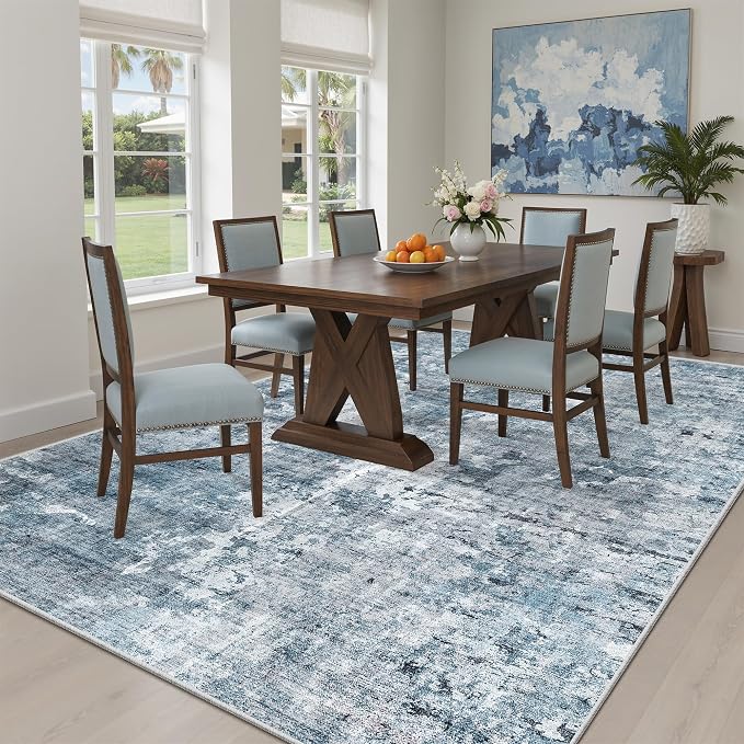 Soalmost Abstract Rug 5x7 Machine Washable Area Indoor Blue Low Pile Non-Slip Foldable Thin Accent Rugs for Bedroom Living Room Dining Room