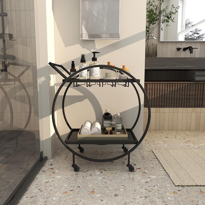 Deco 79 Metal Rolling 2 Mirrored Shelves Bar Cart with Wine Glass Storage and Handle, 28" x 14" x 31", Black