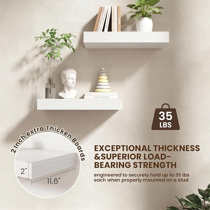 FLYJOE 20 Inch Floating Shelves, 12 Inch Deep Floating Shelves Set of 2, 20''W x 12''D White Wood Shelves for Wall, Bathroom Available, Engineered Wood, Mounting Hardware Included