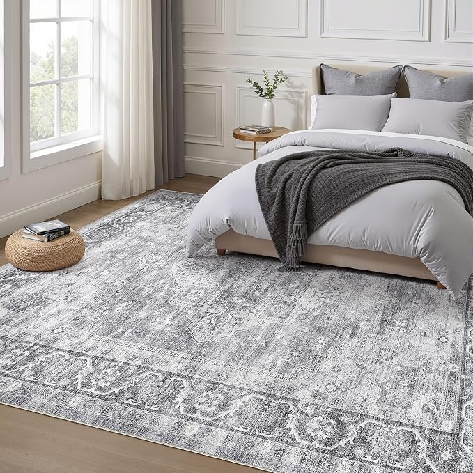 8x10 Area Rugs Living Room: Washable Boho Large Neutral Vintage Soft Rug Stain Resistant Farmhouse Non-Slip Indoor Floor Carpet for Bedroom Nursery Kids Playroom Office Dining Room- Gray