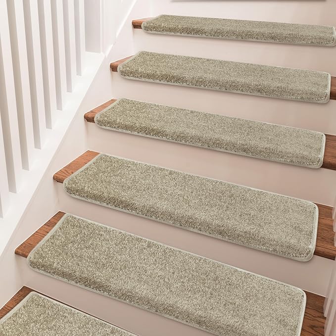 PURE ERA Bullnose Carpet Stair Treads Set Tape Free Non-Slip Indoor Stair Protectors Pet Friendly Rugs Covers Soft Skid Resistant Washable Reusable 9.5" x 30"(2 Pieces,Cream Gray)