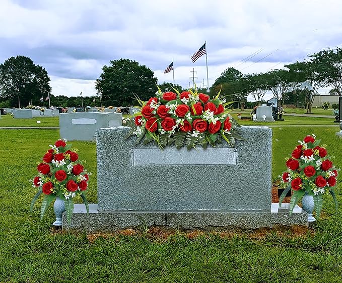 DONODA 2 Sets of Artificial Cemetery Flowers， Outdoor Grave Decorations Roses，Accompanied by 2 Long Nail Vases，Lasting and Non-Bleed Colors. (18 Heads (red))