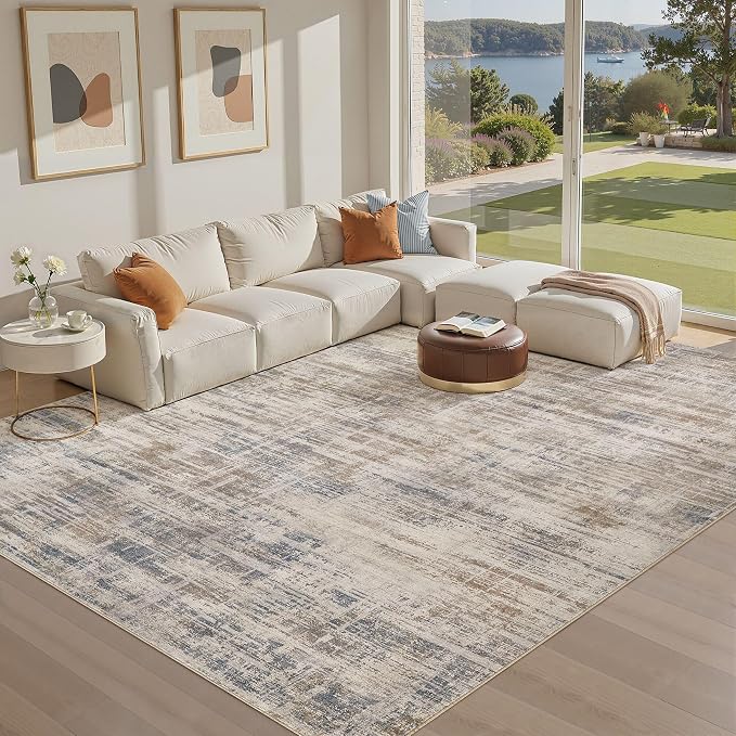 UERMEI 9x12 Washable Area Rug for Living Room: Modern Neutral Abstract Large Soft Low Pile Carpet Non-Slip Pet Kids Friendly Indoor Decor for Bedroom Dining Room Home Office Nursery Brown