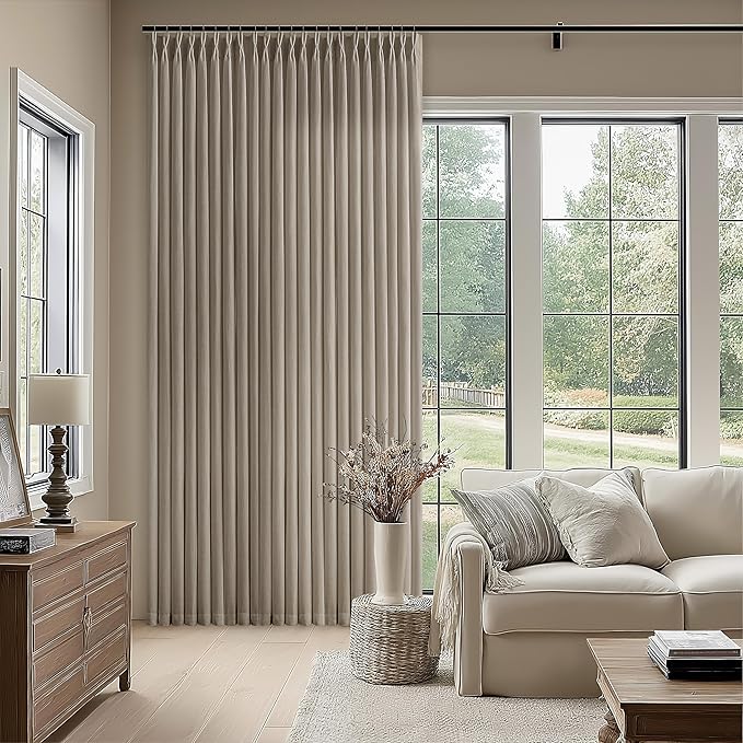 Linen Taupe Pleated Curtains 90 Inches Long 70 Inch Wide Patio Sliding Glass Door Curtains Light Filtering Semi Sheer Pinch Pleat Drapes Boho Extra Wide 70x90 Curtain for Living Dining Room
