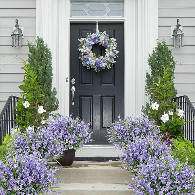 20 Bundles Artificial Lavender Flowers for Outdoors Fake Silk Flowers Faux Plants UV Resistant for Indoor Outside Spring Porch Garden Window Table Box Office Home Decorations, Purple