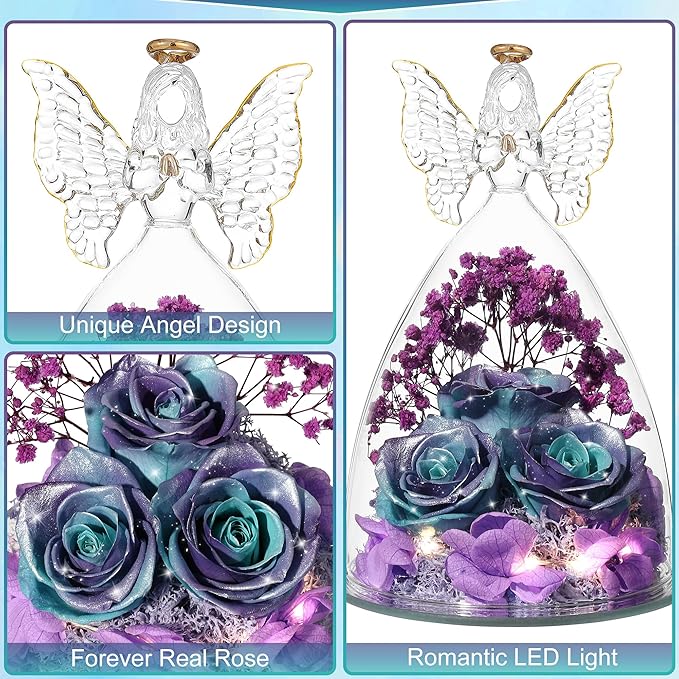 Mothers Day Rose Gifts for Women Preserved Real Flower in Glass Angel Figurines Roses for Delivery Prime Birthday Gifts for Mom Grandma Girlfriend Wife Her, GlitterBluePurple