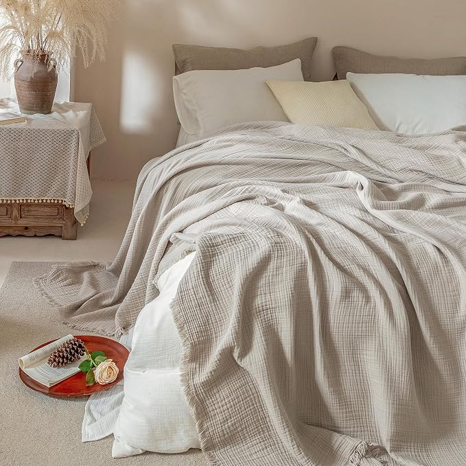 Muslin Fringe Blankets for Adults: 100% Cotton Cloud Soft | 4-Layer Gauze Breathable Lightweight All Season Throw Blanket for Bed Couch Sofa Office